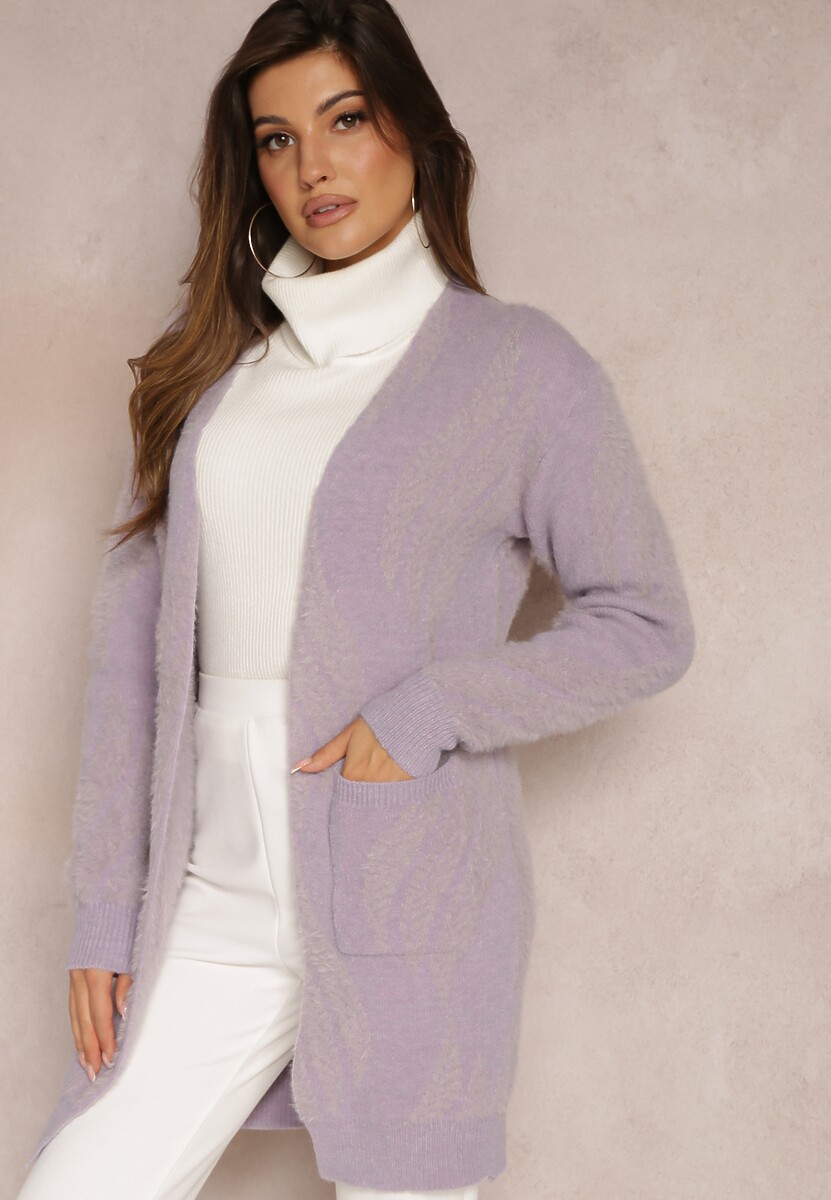 Miętowy Luźny Kardigan Niezapinany z Dłuższym Włosiem Karsta