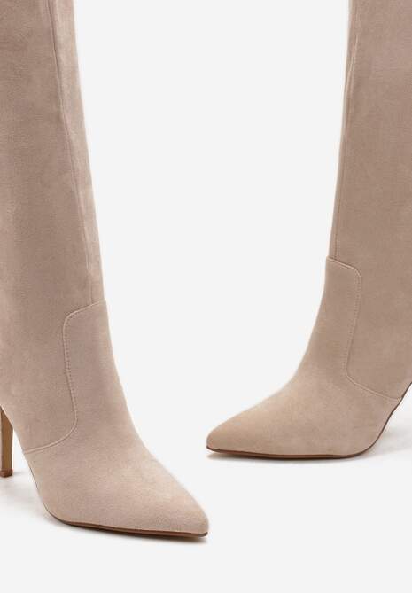 Beżowe Kozaki przed Kolano na Szpilce z Noskiem w Szpic Modara