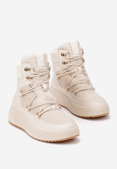 Beżowe Śniegowce Trapery Vices na Płaskiej Podeszwie z Futerkiem w Stylu Baranka ze Sznurowaniem Temirits