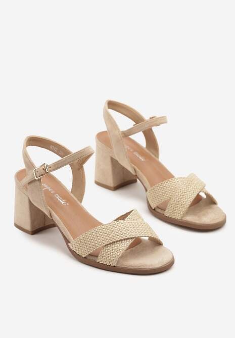 Beżowe Sandały na Słupku Ozdobione Plecionką Mevenaelle