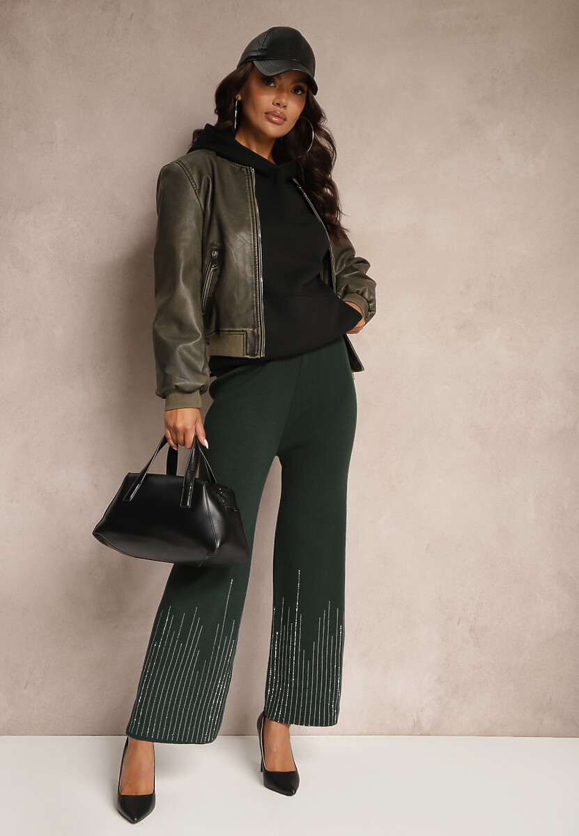 Ciemnozielone Spodnie o Szerokim Kroju High Waist z Cyrkoniami i Gumką w Pasie Loreitha