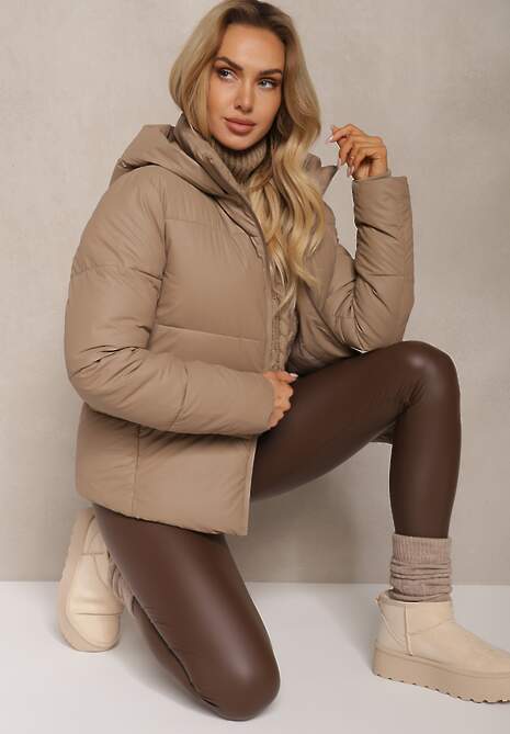 Beżowa Klasyczna Kurtka z Pikowanymi Przeszyciami Kapturem i Kieszeniami Anrinna