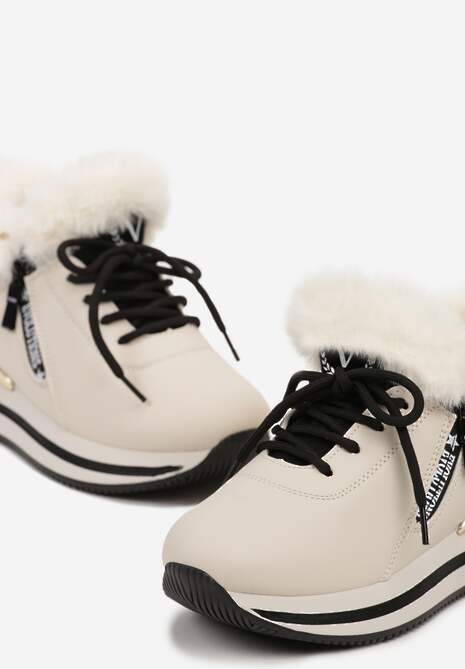 Beżowe Sznurowane Botki Sneakersy z Futerkiem Gameda