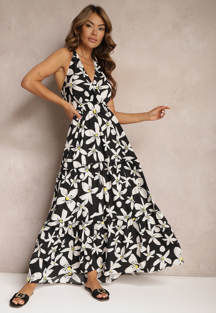 Czarno-Biała Sukienka z Kopertowym Dekoltem i Gumką w Talii Wiązana na Szyi Vikillaia