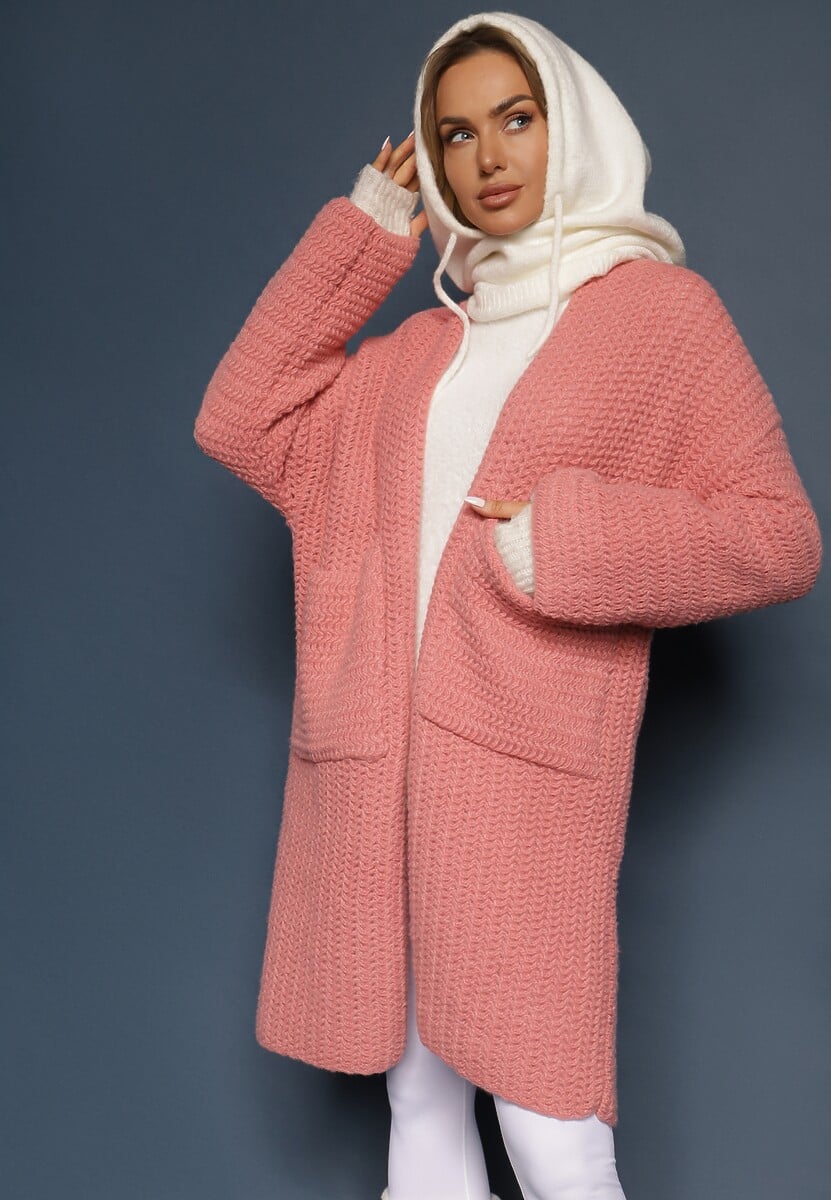 Bordowy Kardigan Bez Zapięć Zdobiony Luźnym Splotem i Wsuwanymi Kieszeniami Calineth