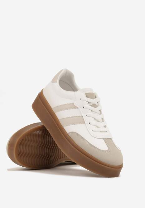 Biało-Beżowe Sneakersy na Kauczukowej Podeszwie Ozdobione Paskami Nilimea