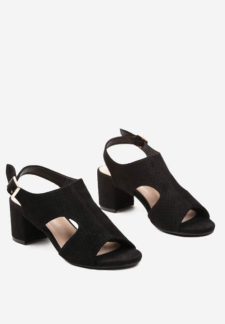 Czarne Sandały na Słupku Zapinane Wokół Kostki Ozdobione Perforacją Vierta