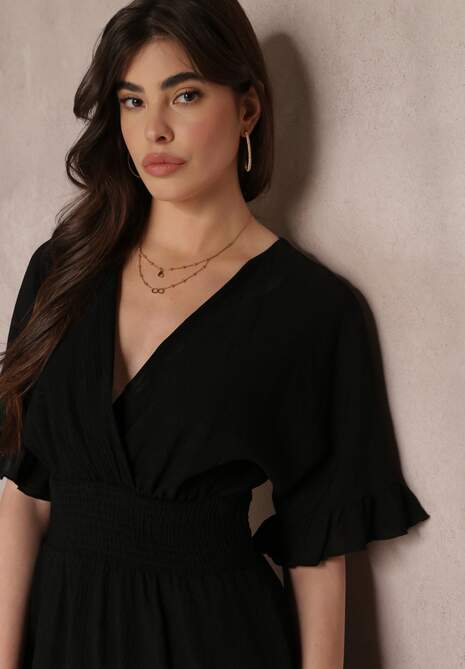 Czarna Zwiewna Sukienka Mini z Falbankami i Szeroką Gumką w Talii Olleanne