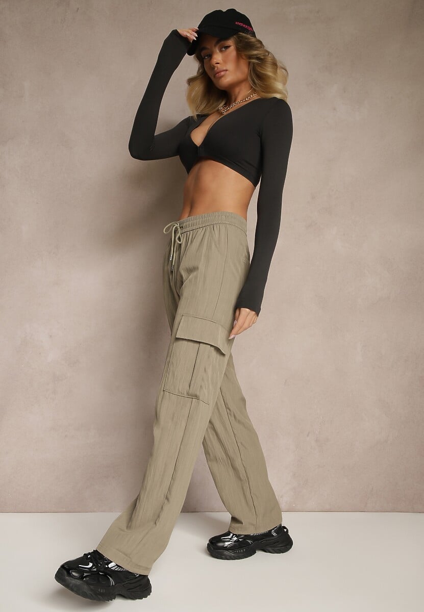 Zielone Spodnie Cargo z Bawełną o Szerokim Kroju High Waist Mairiora