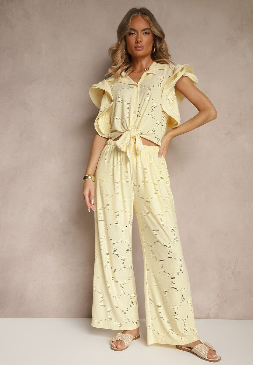 Niebieski Komplet Ażurowy Bluzka o Koszulowym Kroju i Spodnie z Szeroką Nogawką Linaniria