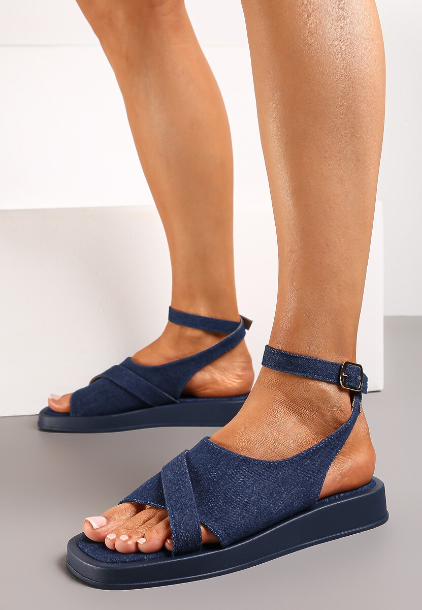 Granatowe Sandały Na Płaskiej Podeszwie z Szerokim Zapinanym Paskiem Imarra
