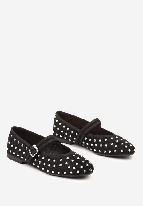 Czarne Balerinki z Ekozamszu z Zapięciem na Klamerkę Ozdobione Cyrkoniami Daisanna