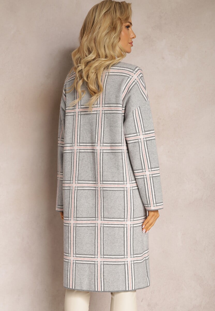 Szara Dzianinowa Sukienka Oversize z Naszytymi Kieszeniami w Kratę Deliuba