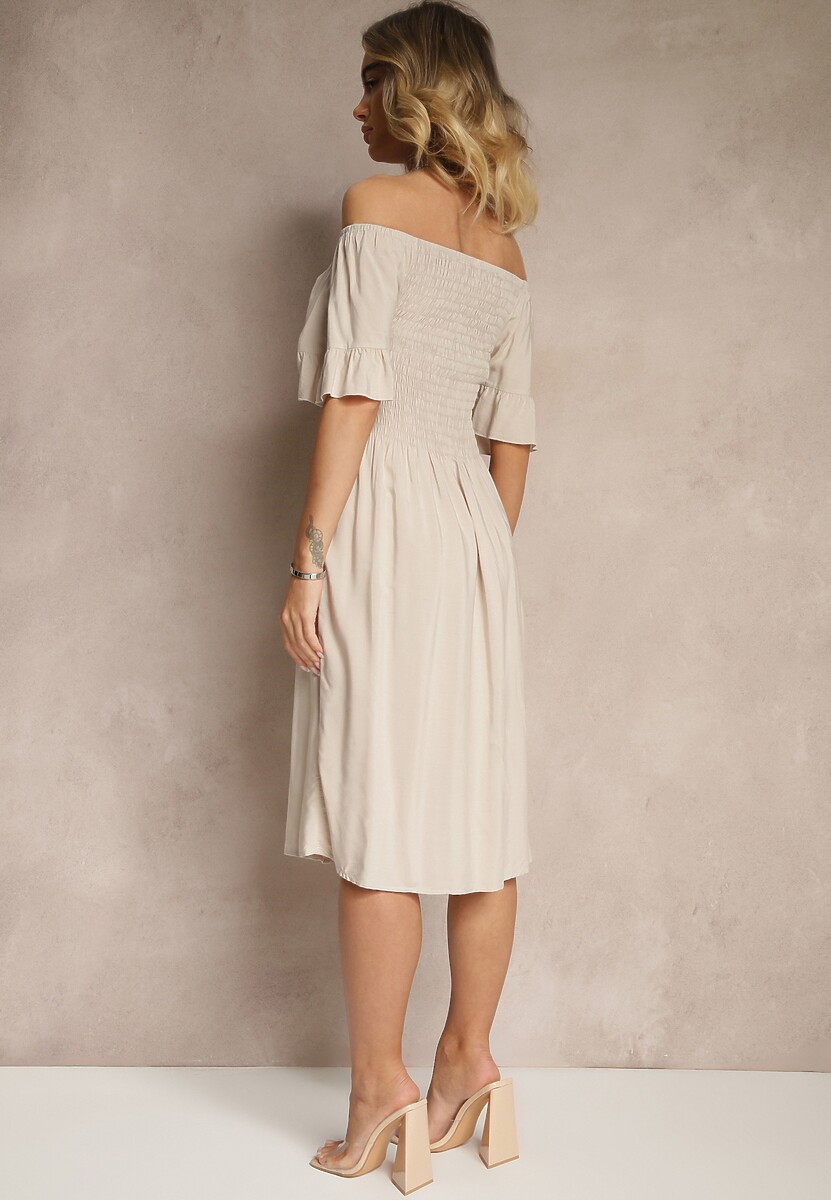 Jasnobeżowa Sukienka Rozkloszowana z Bawełny z Bufkami w Ramionach i Gumkami w Biuście Norlio