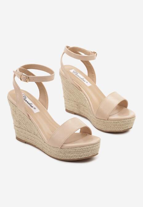 Beżowe Sandały w Stylu Boho na Plecionym Koturnie Tenarea