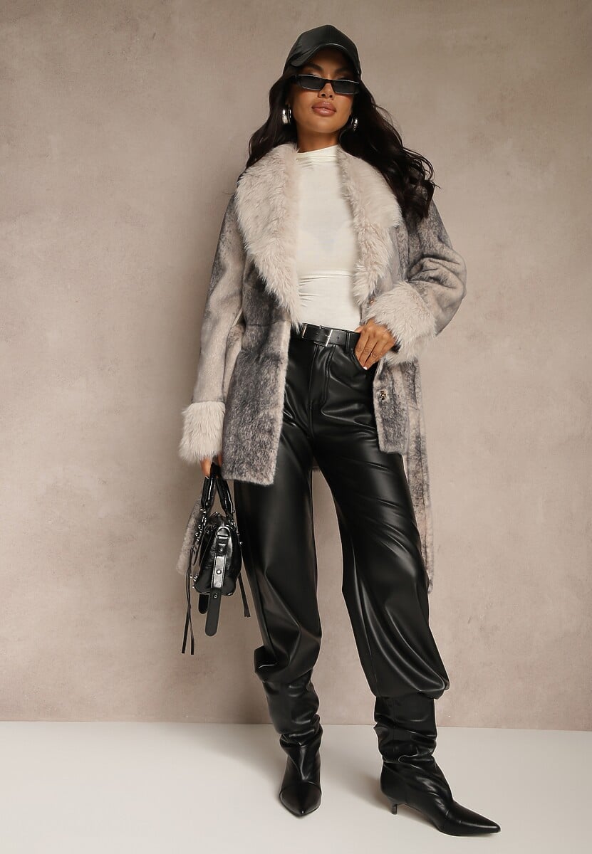 Beżowa Kurtka Futerko z Wiązanym Paskiem i Szerokim Kołnierzem Coverra