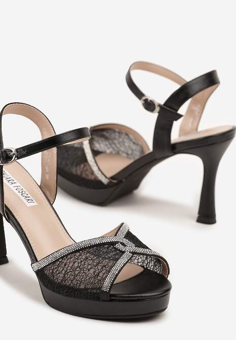 Czarne Sandały na Szpilce Ozdobione Motywem Cyrkonii i Koronki Fodinna