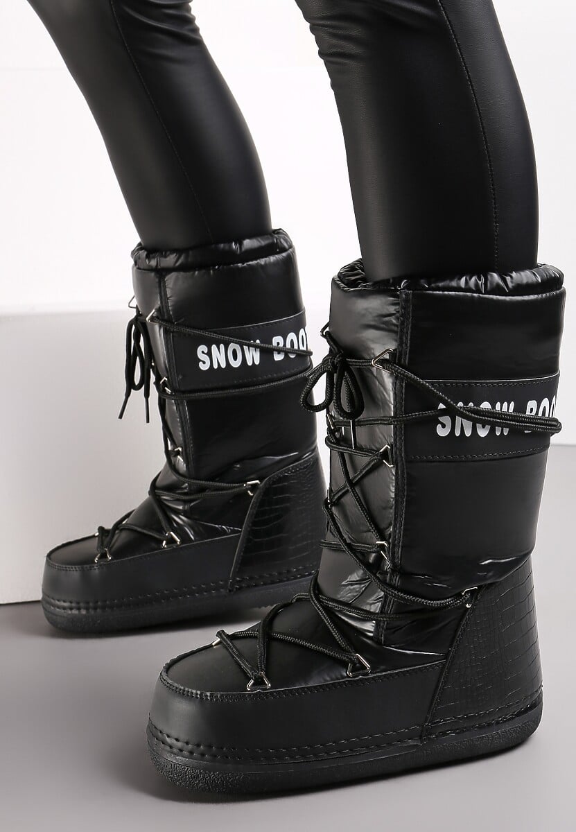 Czarne Wsuwane Śniegowce na Platformie z Wiązaniem i Ozdobną Taśmą Gorgona