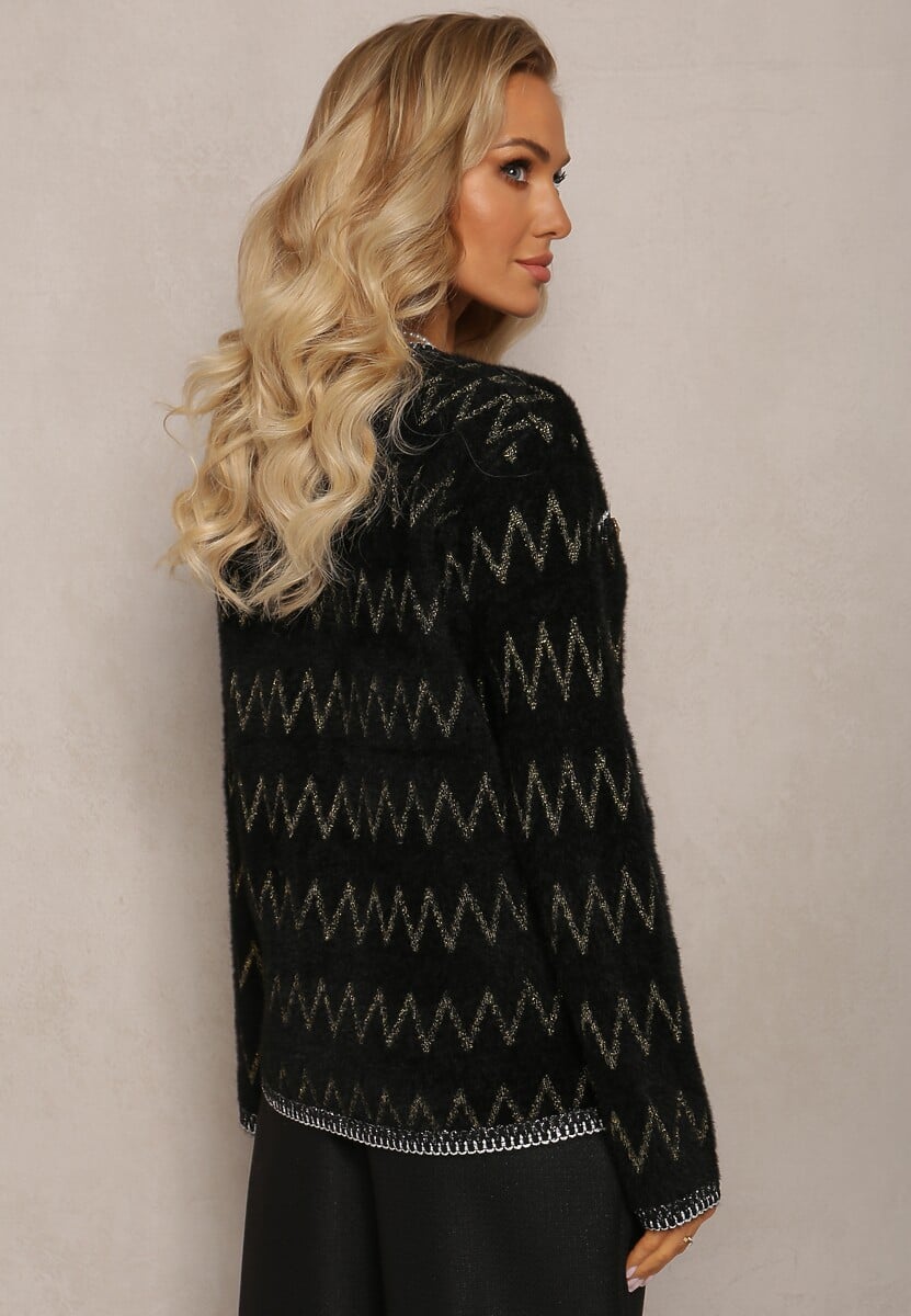 Czarny Kardigan na Guziki w Cyrkonie z Metaliczną Nitką Sianasa