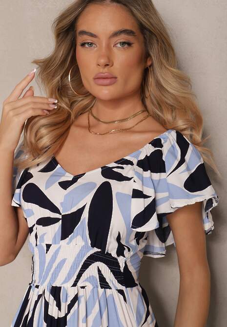 Niebieska Rozkloszowana Sukienka z Wiskozy w Geometryczny Wzór Anisoria