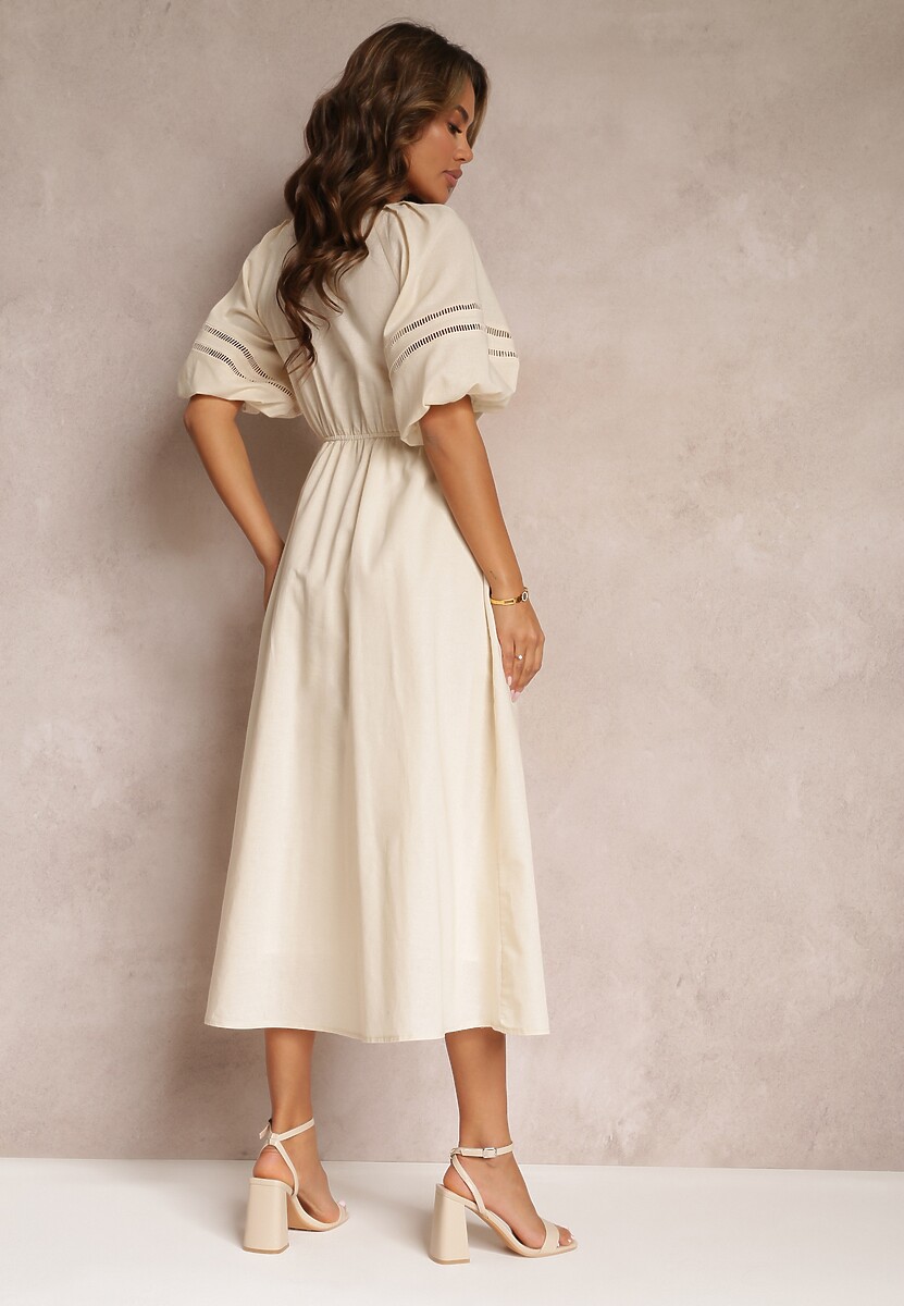 Beżowa Rozkloszowana Sukienka Maxi z Ażurowymi Wstawkami z Lnem i Bawełną Camya