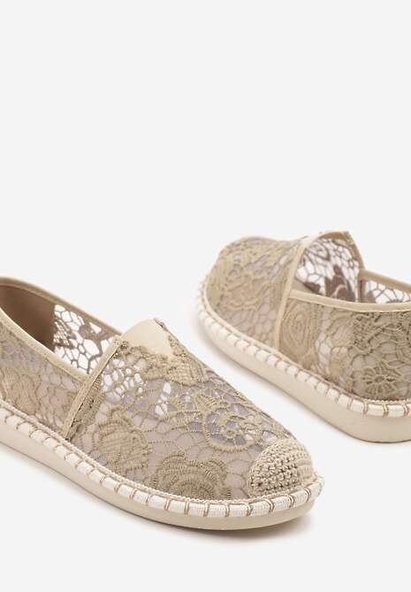 Ciemnobeżowe Espadryle z Plecionką i Koronką Merarilia