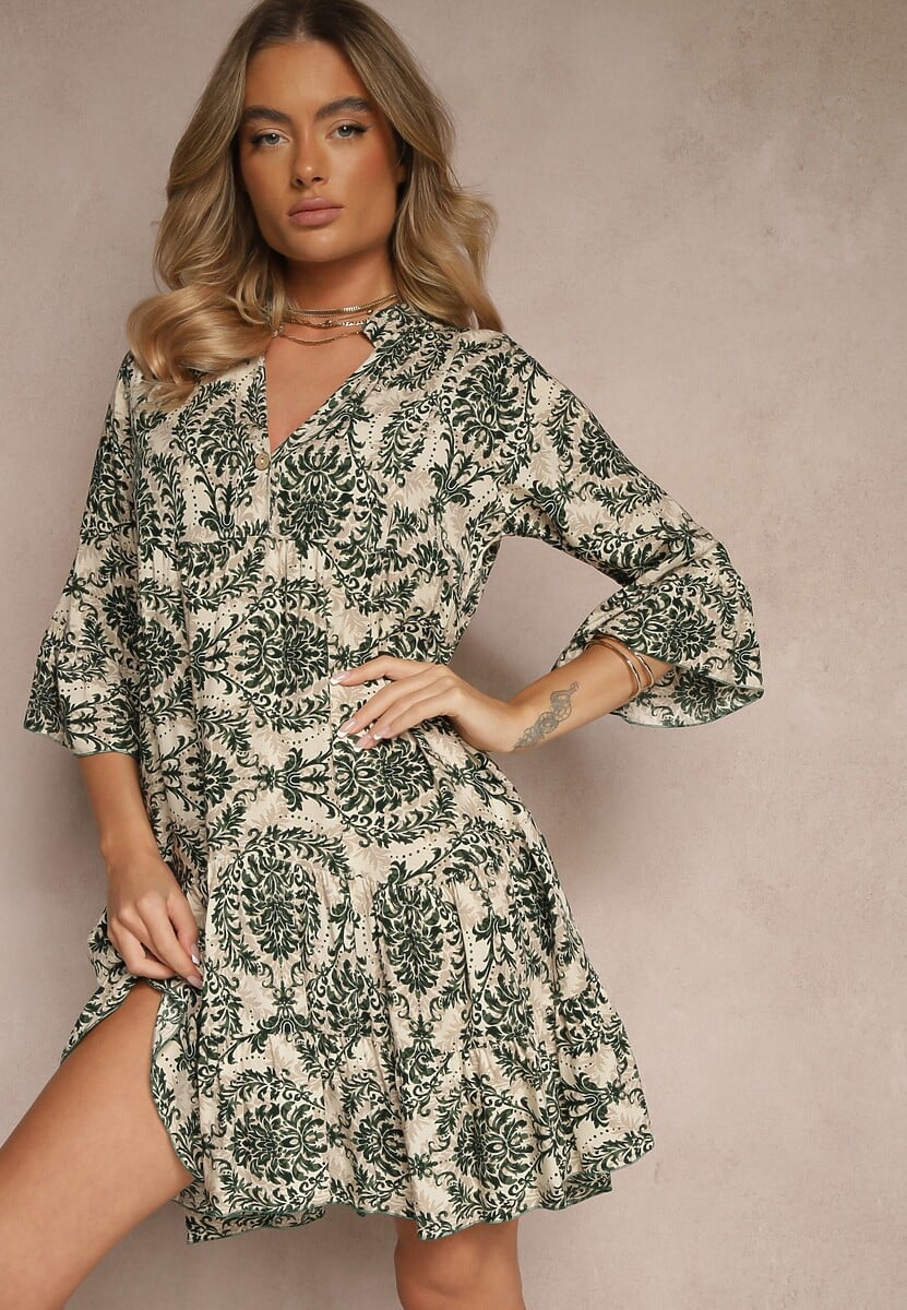 Ciemnozielona Bawełniana Sukienka o Rozkloszowanym Kroju w Ornamentalny Print Laniwea