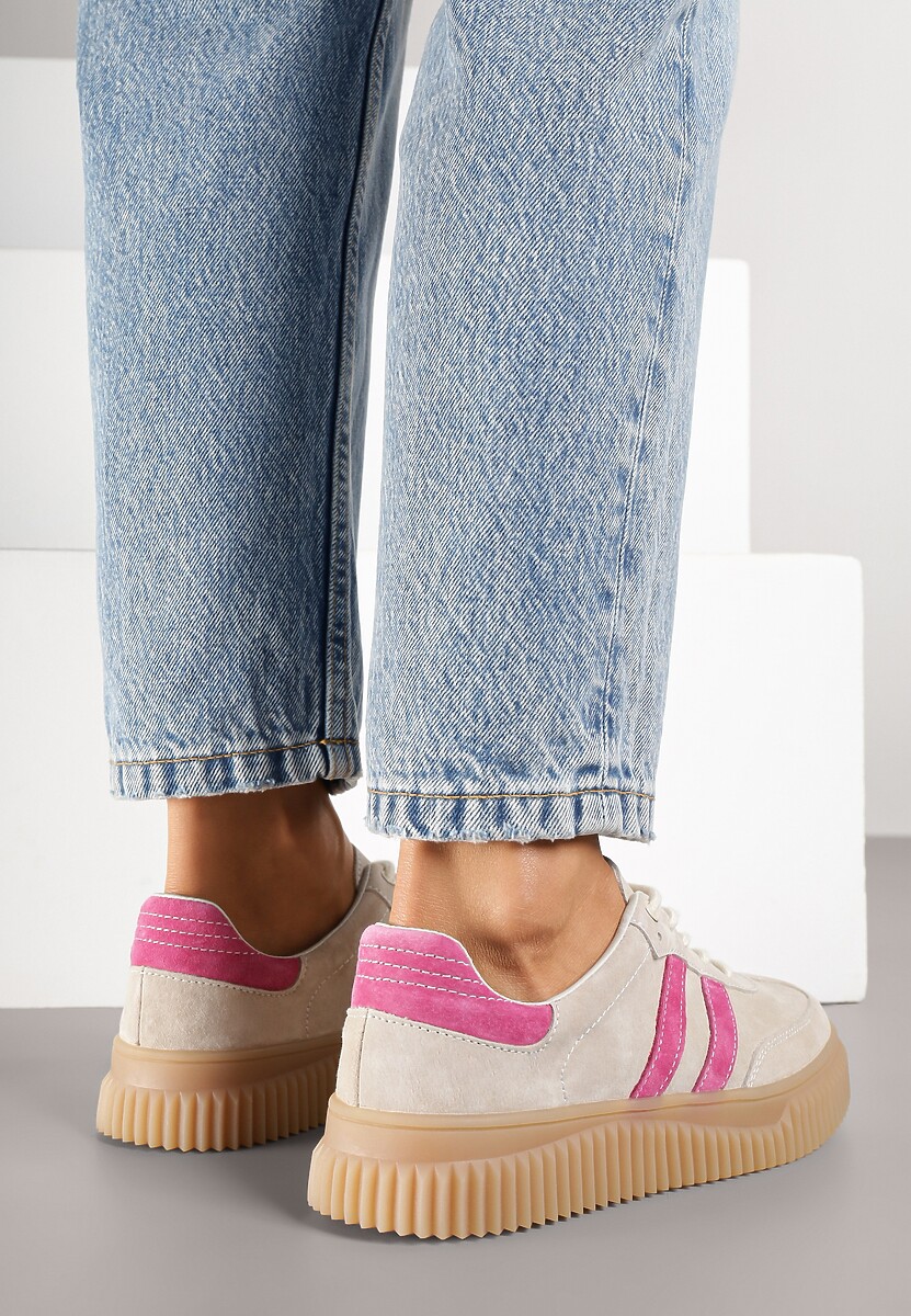 Beżowo-Fuksjowe Zamszowe Sneakersy w Stylu Kultowych Tenisówek ze Skórzaną Wkładką Tenannia