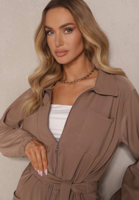 Brązowy Kombinezon z Elastyczną Gumką w Pasie z Dodatkowym Wiązaniem o Luźnym Kroju Creera