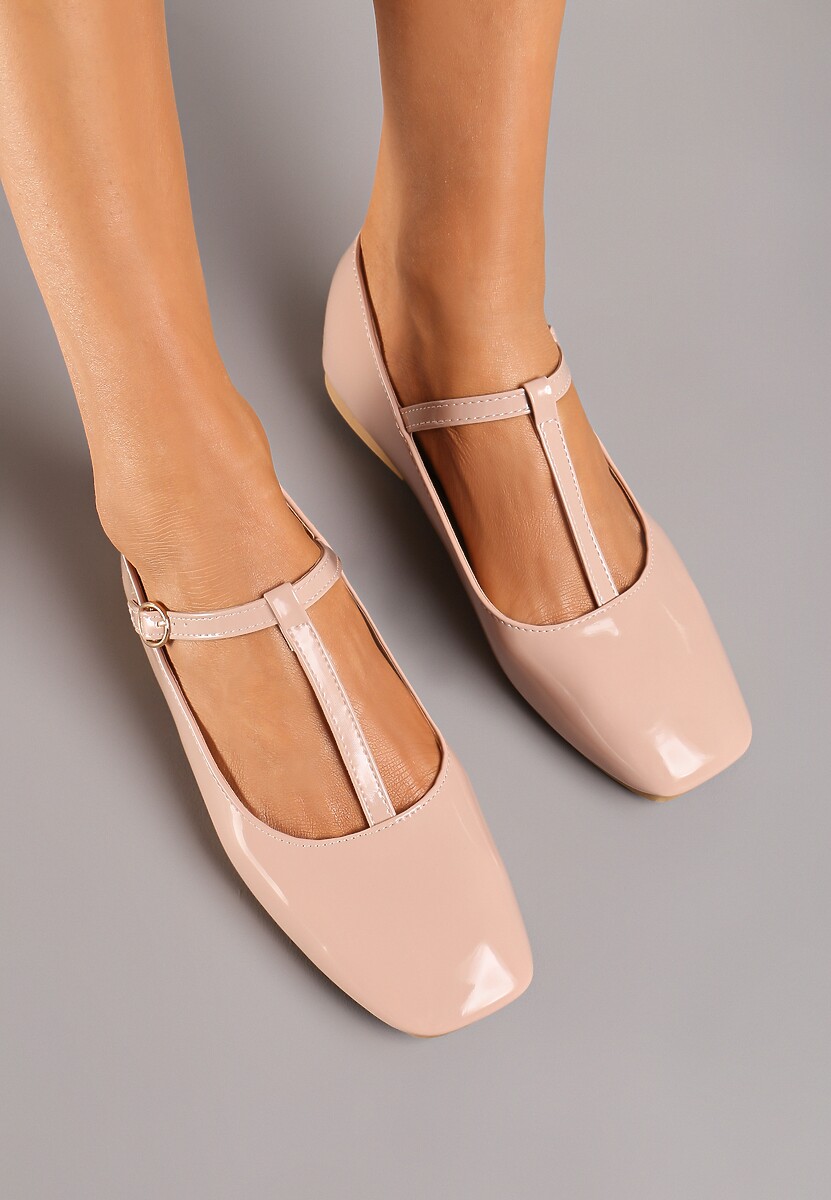 Beżowe Balerinki z Lakierowanym Połyskiem i Kwadratowym Noskiem Zapinane na Klamerkę Edalia