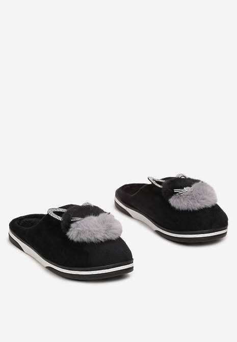 Czarne Kapcie Futrzane z Kotkiem Leze