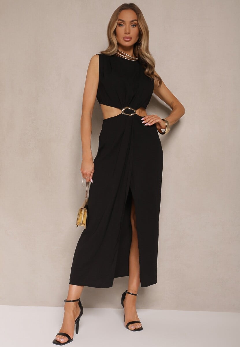 Czarna Sukienka z Rozkloszowanym Dołem Ozdobiona Wycięciami w Talii i Metalicznym Detalem Galanissa