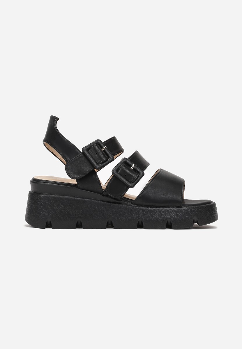 Czarne Sandały na Koturnie z Paskami ze Sprzączką Penesia