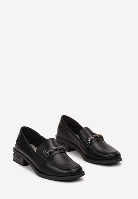 Czarne Półbuty na Niskim Słupku ze Skóry Naturalnej Iponna