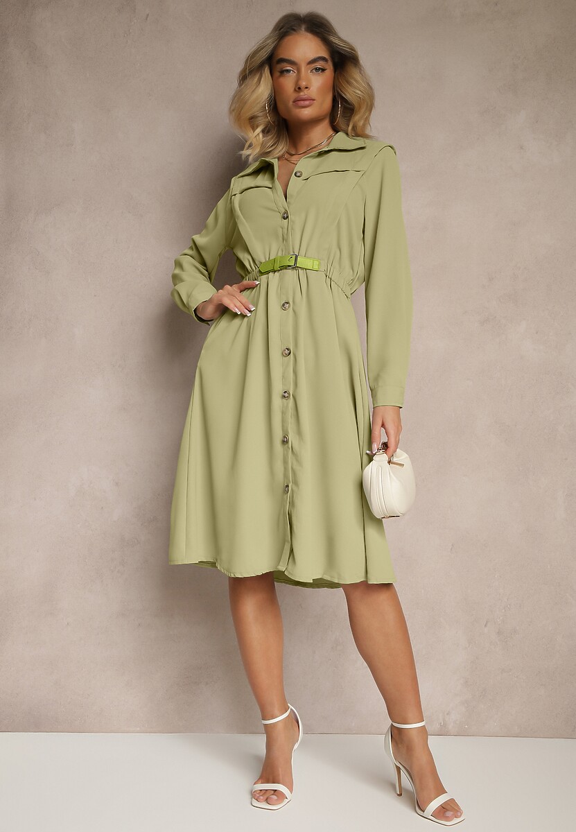Ciemnozielona Koszulowa Sukienka z Gumką w Talii i Paskiem z Klamerką Jenele