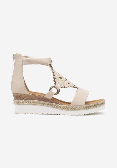 Beżowe Sandały na Koturnie z Ekoskóry Zapinane na Suwak Obissa