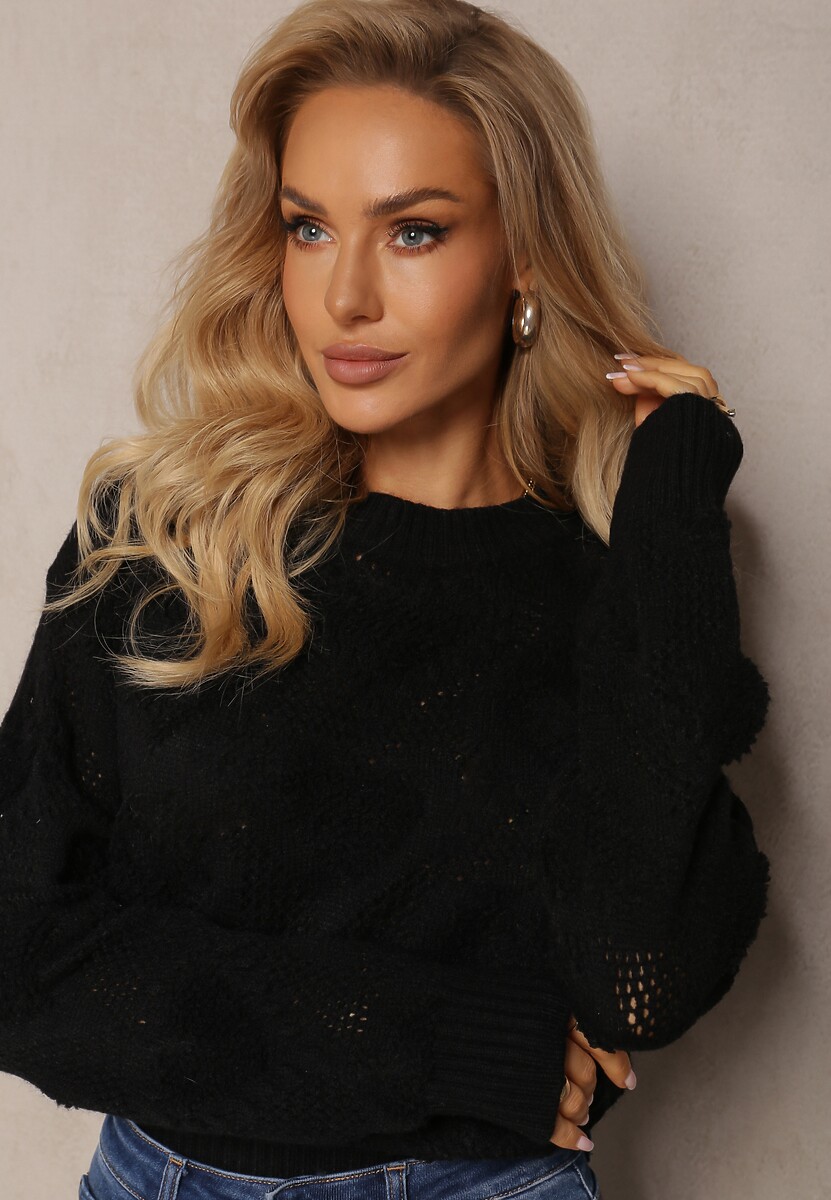 Czarny Klasyczny Sweter ze Splotem w Serca i Ściągaczami Miadove