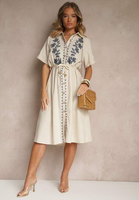 Beżowa Koszulowa Sukienka z Bawełny z Ozdobnym Haftem Saviressa