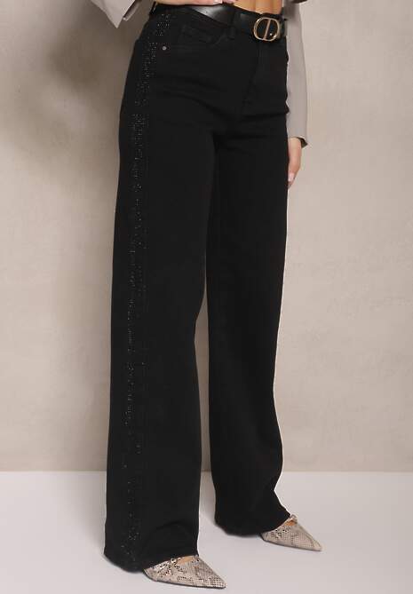 Czarne Szerokie Jeansy High Waist z Cyrkoniowym Zdobieniem Nusamira