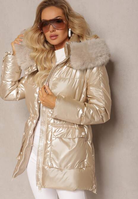 Beżowo-Złota Kurtka z Kieszeniami i Metalicznym Blaskiem oraz Odpinanym Kapturem Lefexa