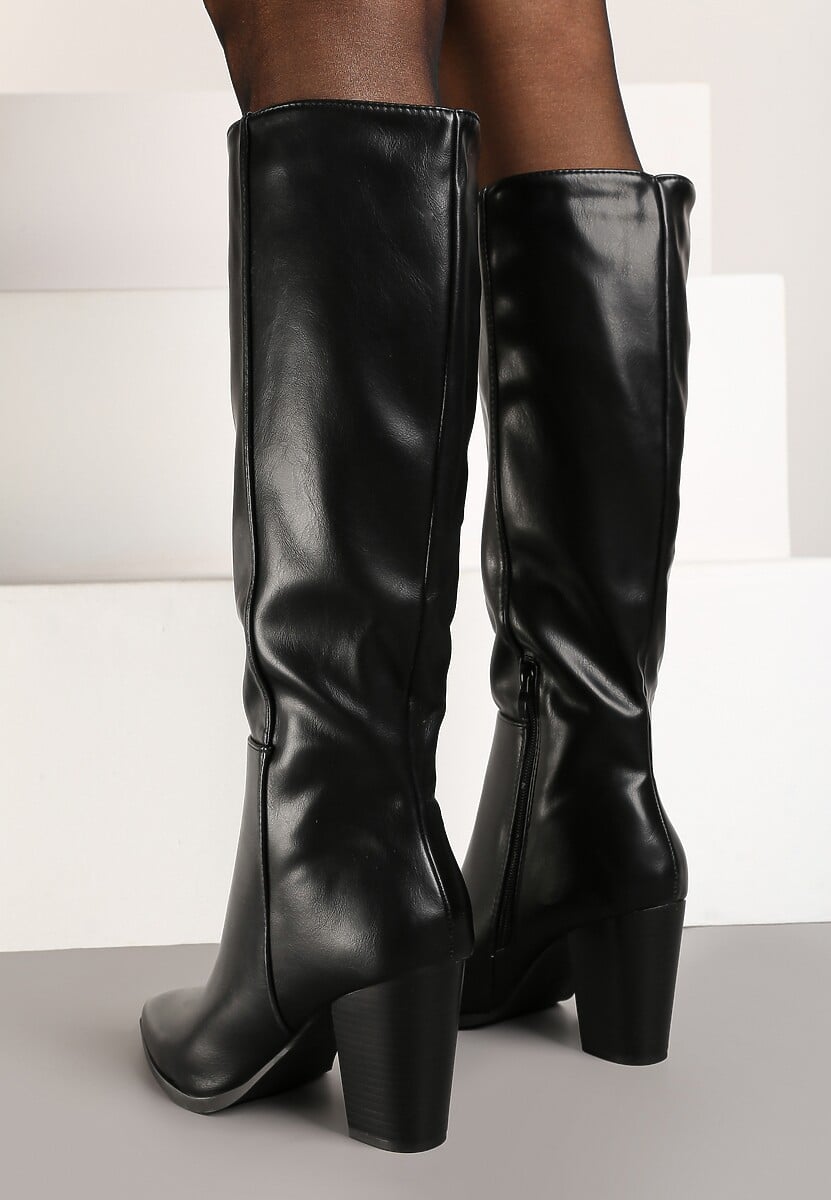 Czarne Casualowe Kozaki na Słupku z Ociepleniem i Dopasowaną Cholewką Niarithraea