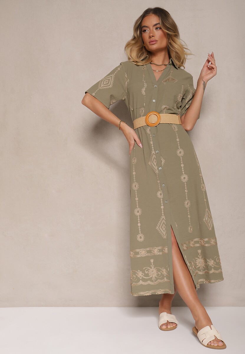 Beżowa Koszulowa Sukienka z Bawełny z Plecionym Paskiem Sariene