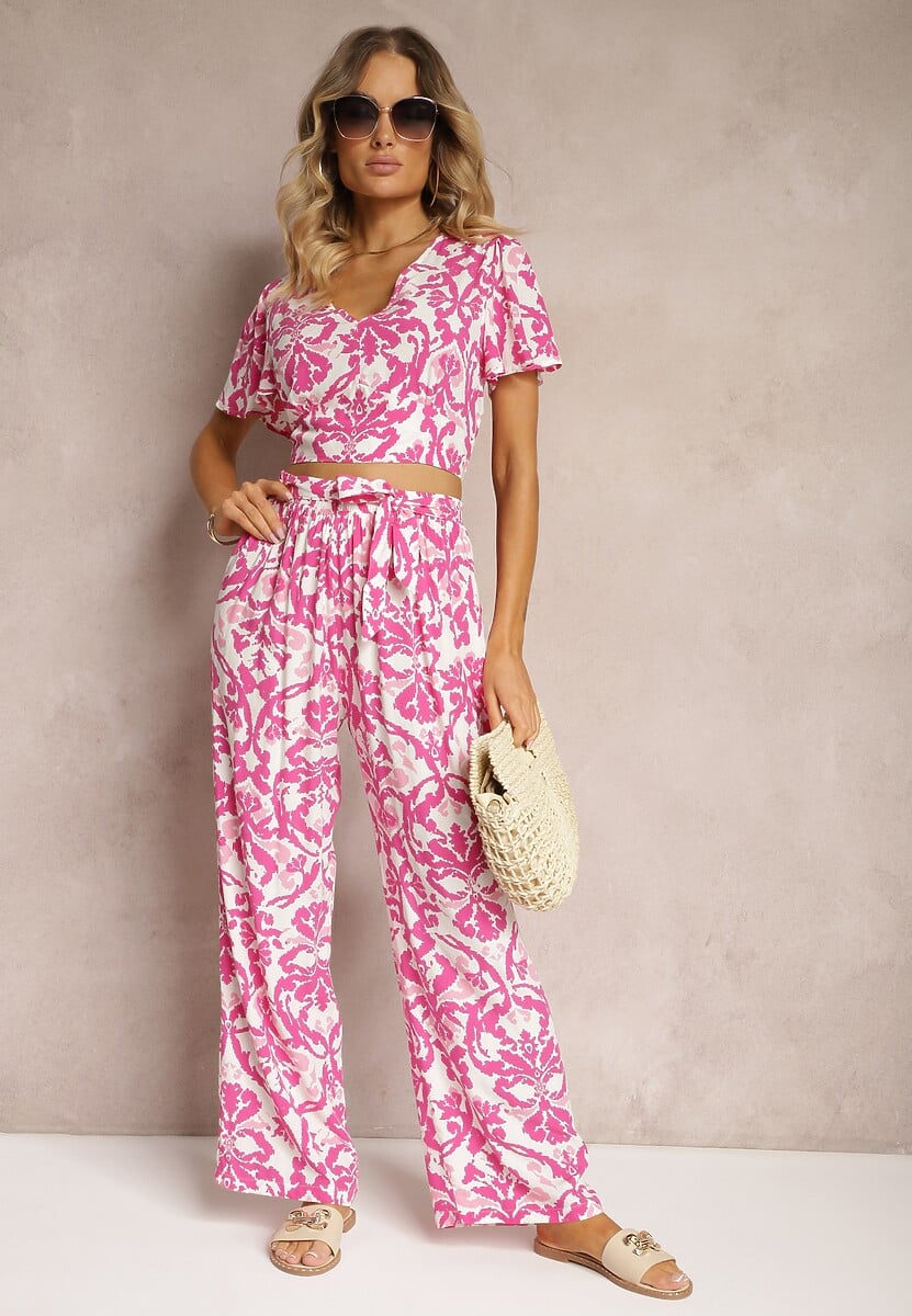 Fuksjowy Bawełniany Komplet Letni Spodnie z Gumką w Pasie i Krótka Bluzka Pavilia