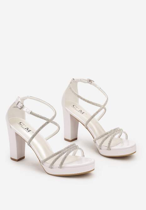 Białe Cyrkoniowe Sandały na Słupku z Ozdobnymi Paskami Beridara