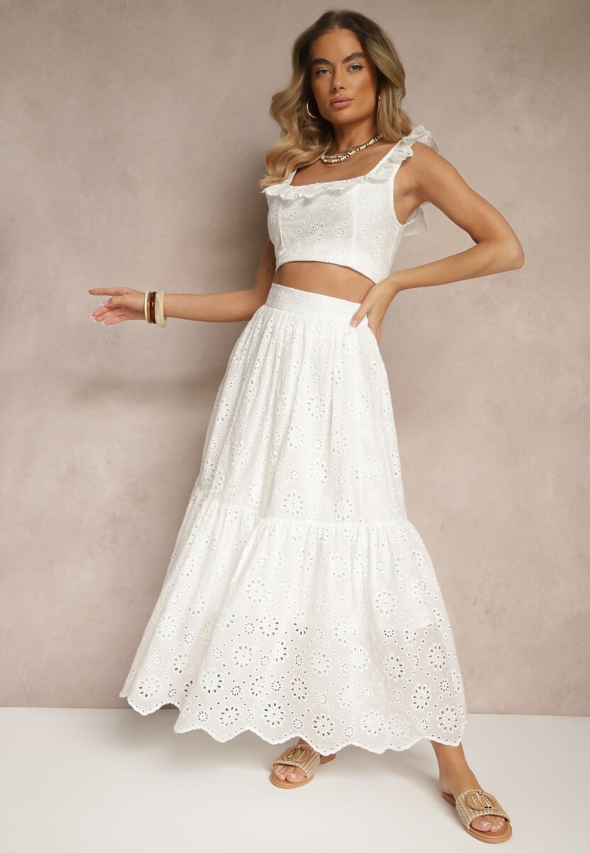 Biały Komplet Boho z Wiskozy Spódnica i Top z Falbanką Zdobione Haftem Natelea