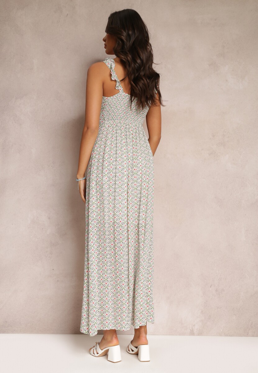 Zielono-Biała Rozkloszowana Sukienka Maxi z Ozdobnymi Ramiączkami i Głębokim Dekoltem z Wiskozy Jesa