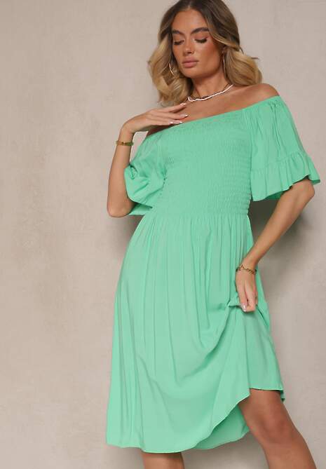 Jasnozielona Sukienka Rozkloszowana z Bawełny z Bufkami w Ramionach i Gumkami w Biuście Norlio