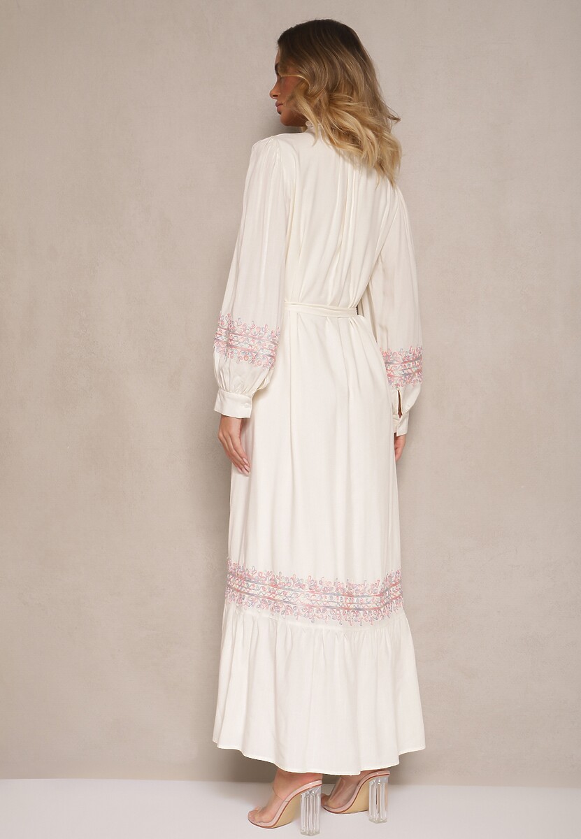 Jasnobeżowa Wiskozowa Sukienka Boho o Rozkloszowanym Kroju ze Stójką i Haftem Kolessaria