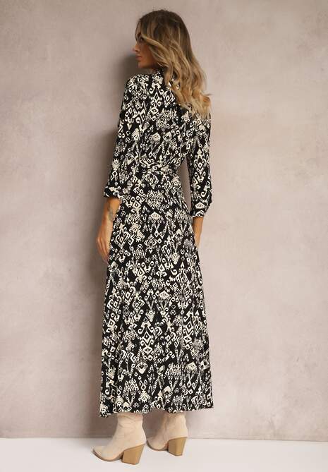 Czarna Sukienka Koszulowa Wiązana w Pasie w Etno Wzór z Wiskozy Lokaggia