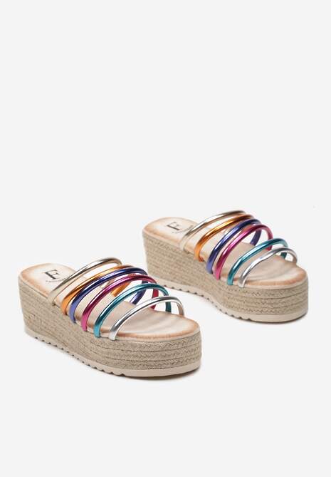 Beżowo-Złote Klapki z Ozdobnymi Paskami na Platformie i Koturnie z Plecionką z Juty Junistia